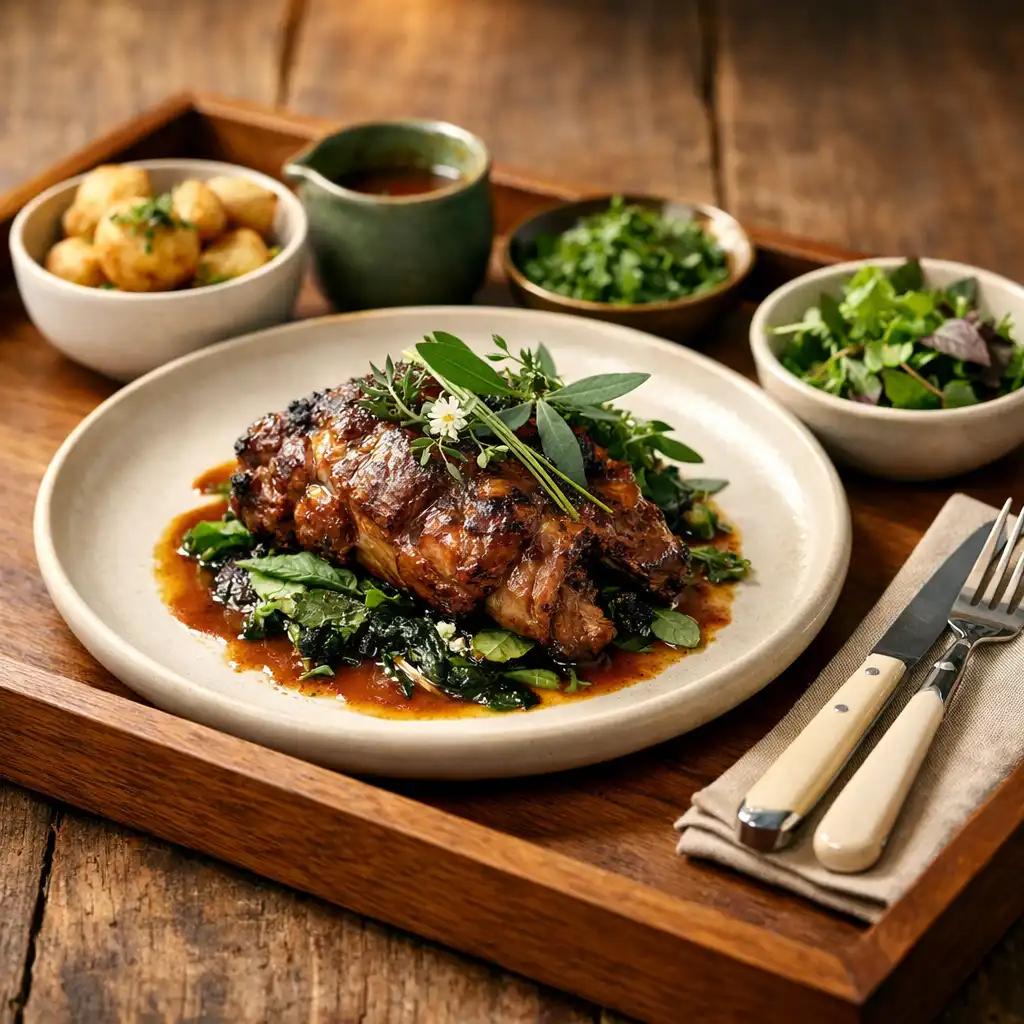 A signature brasserie dish served on a custom timber tray with slow-cooked lamb shoulder and native herbs