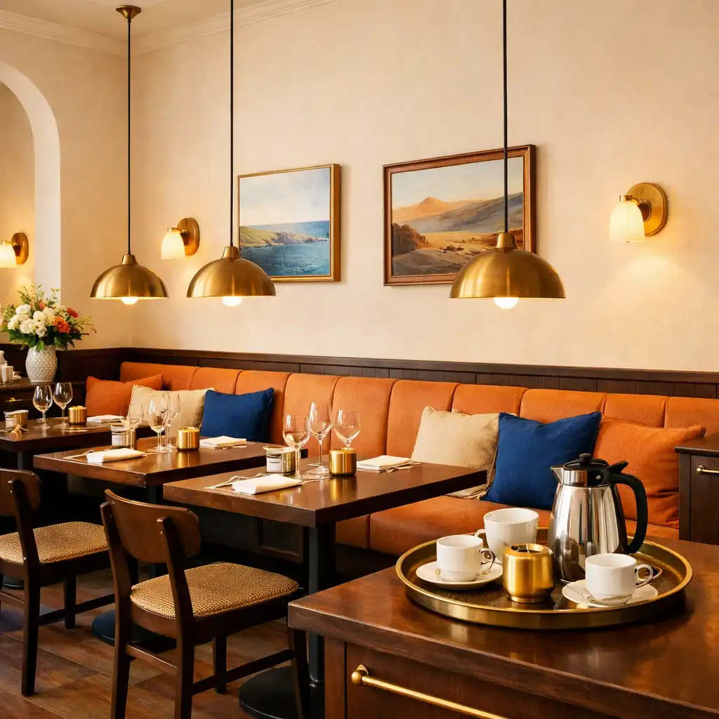 Interior of a modern Australian brasserie dining room with warm cream walls, dark wood tables, brass accents, banquette seating, and low pendant lamps