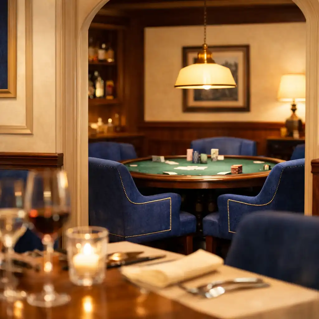 A glimpse into the adjacent card lounge from the dining room, with a poker table visible in the background