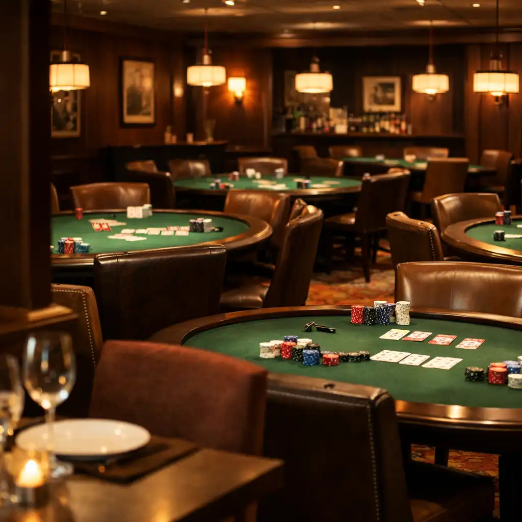 A view of the card lounge with several poker tables, seen from the dining area, with dark wood and green felt tables