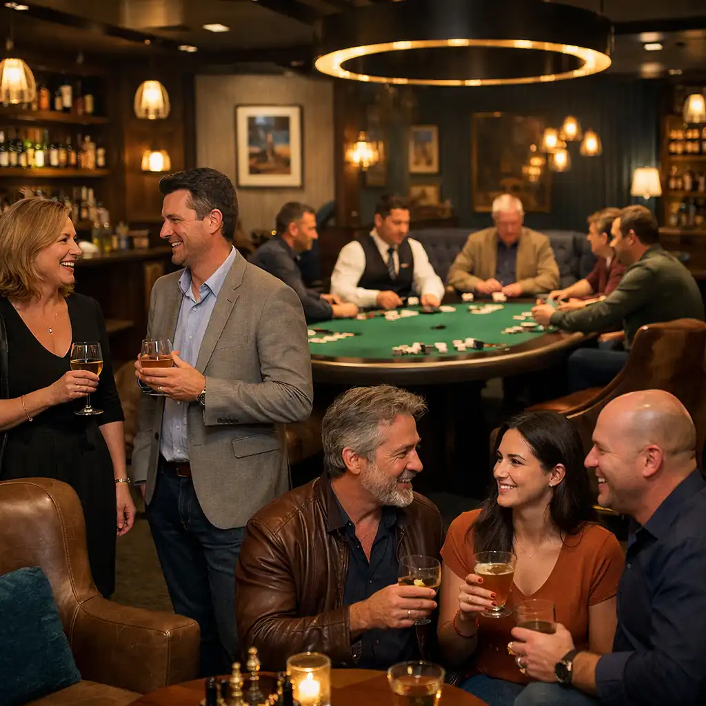 Hands holding playing cards around a lounge table with a glass of wine nearby