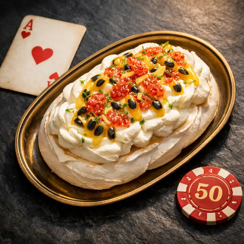 A pavlova with cream, passionfruit, and finger lime on a small tray