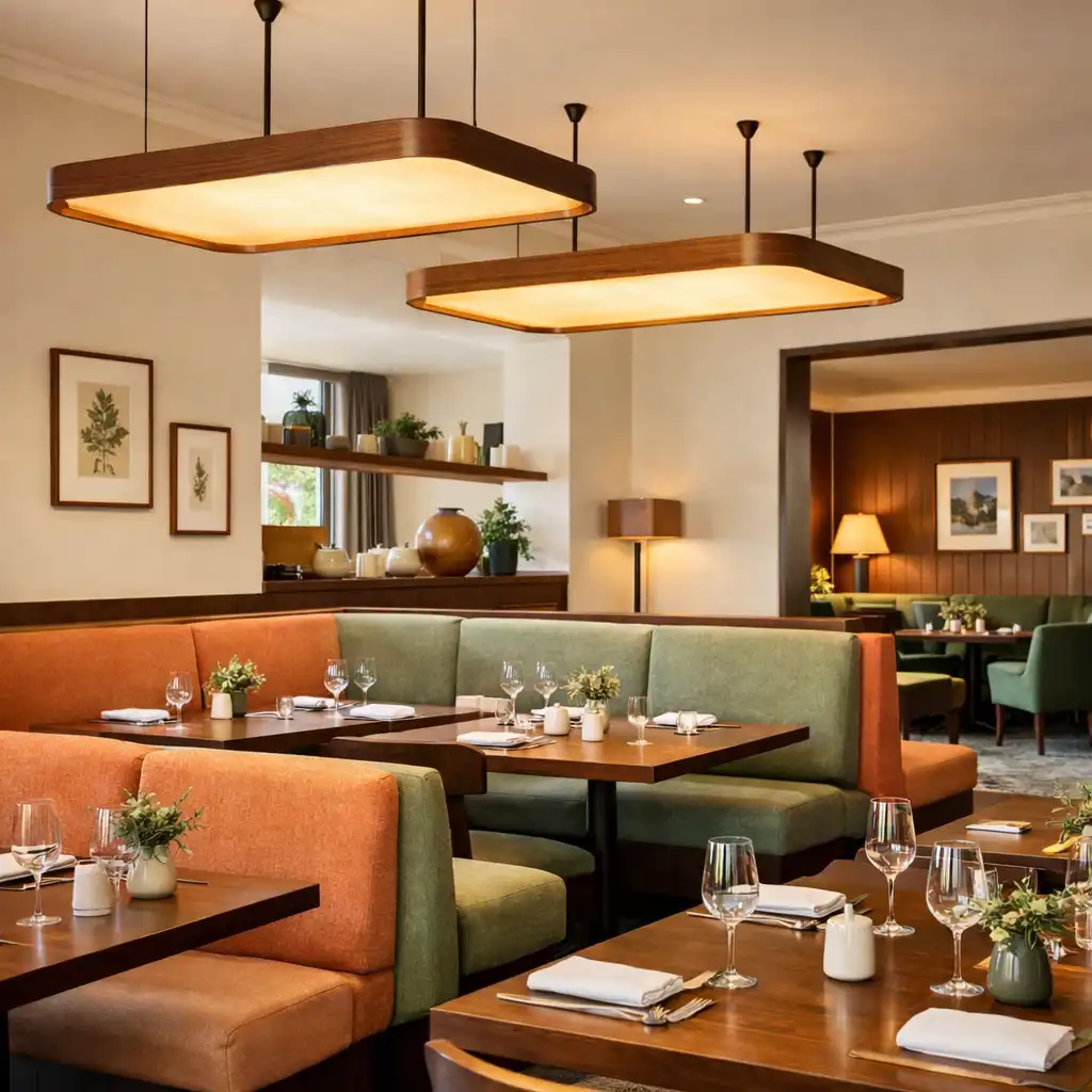 Interior of the modern Australian brasserie dining room with cream walls, dark timber tables, and tray-shaped light fixtures