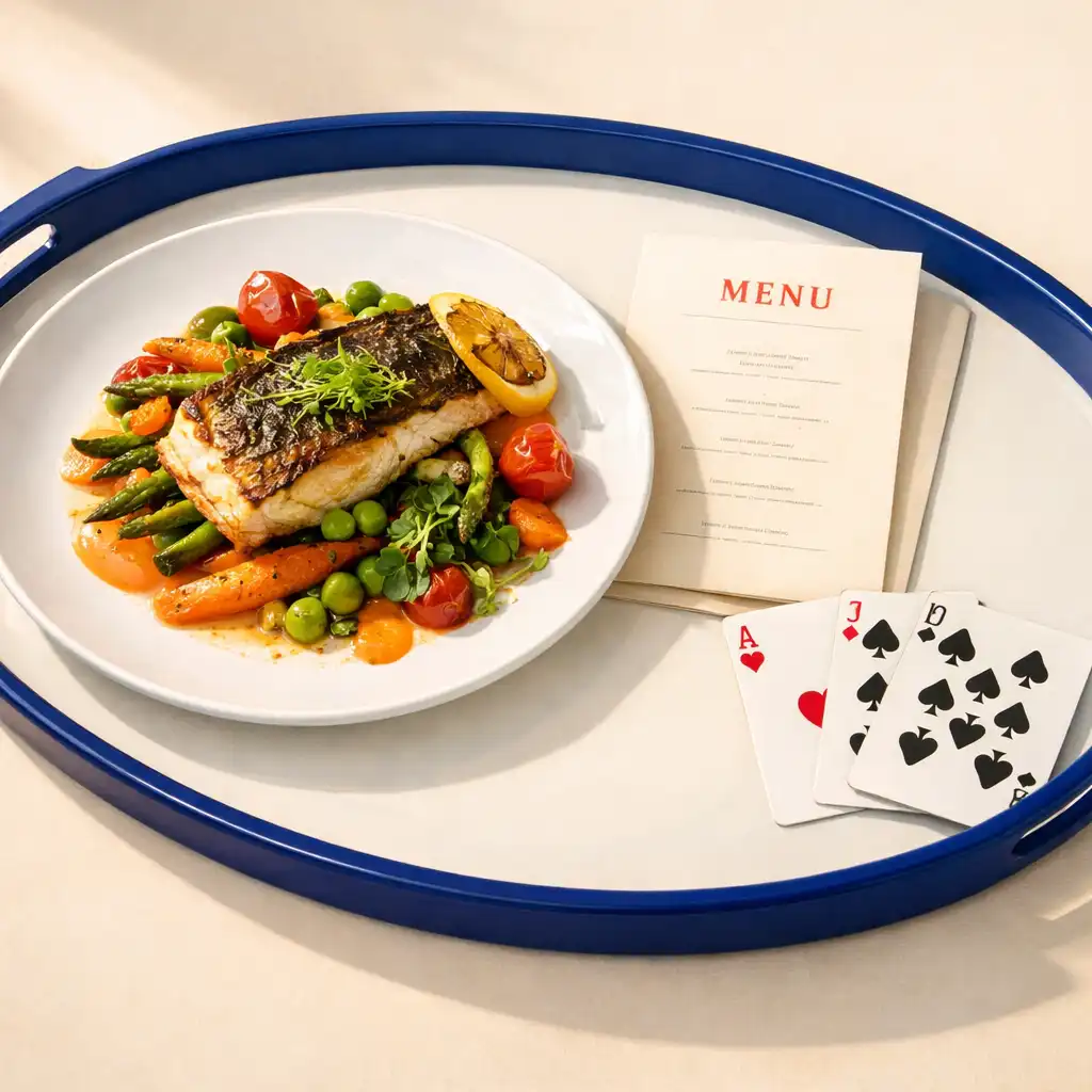 An oversized service tray holding a plated dish, a folded menu card, and fanned playing cards, with cobalt blue and tomato red accents against a warm cream background
