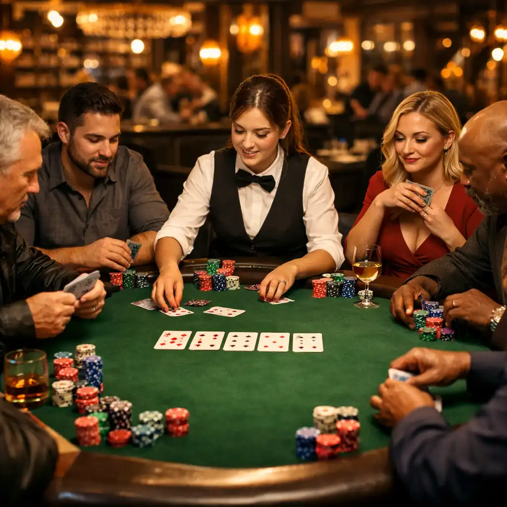 A wide-angle view of a live poker table at Card House Brasserie with players focused on their cards and a dealer managing the game