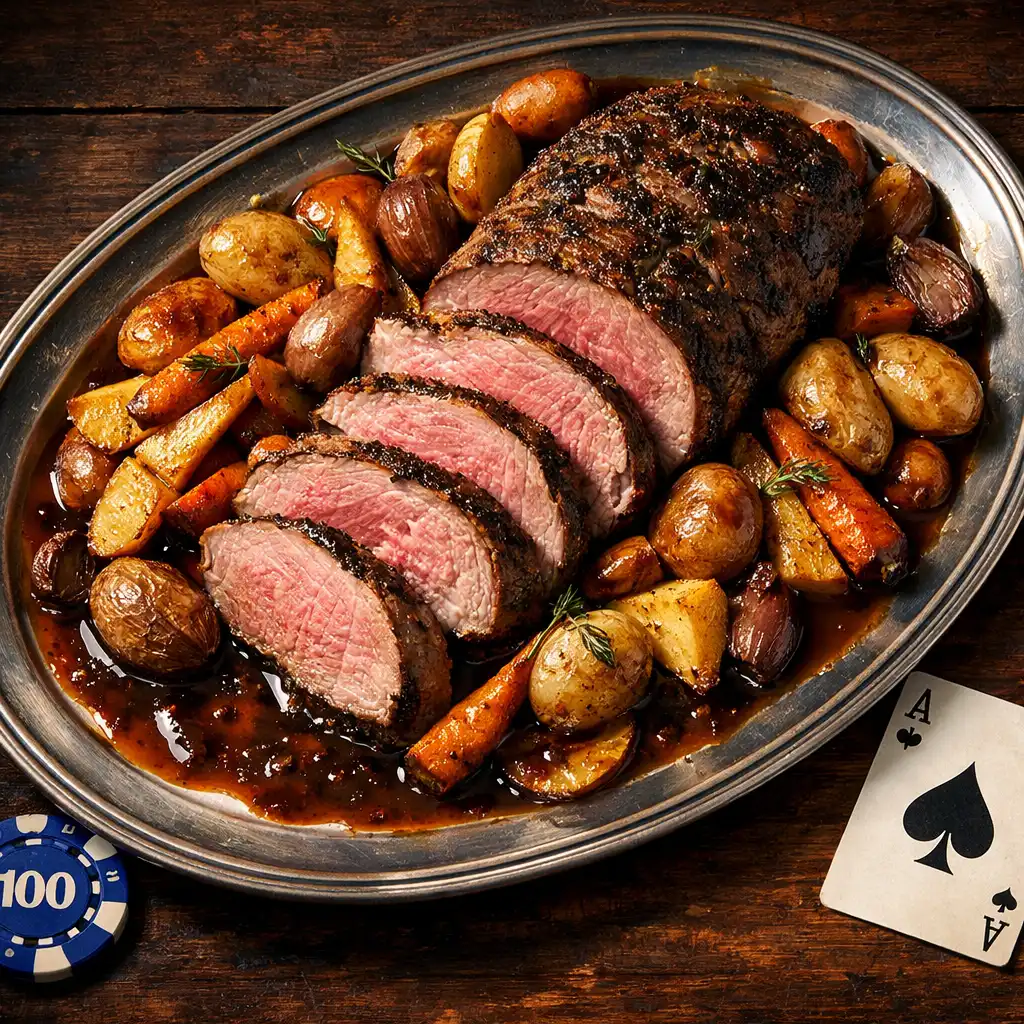 A large tray with roasted lamb rump, root vegetables, and a rich jus