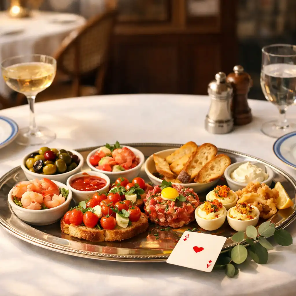 A brasserie service tray with appetisers on a warmly lit table