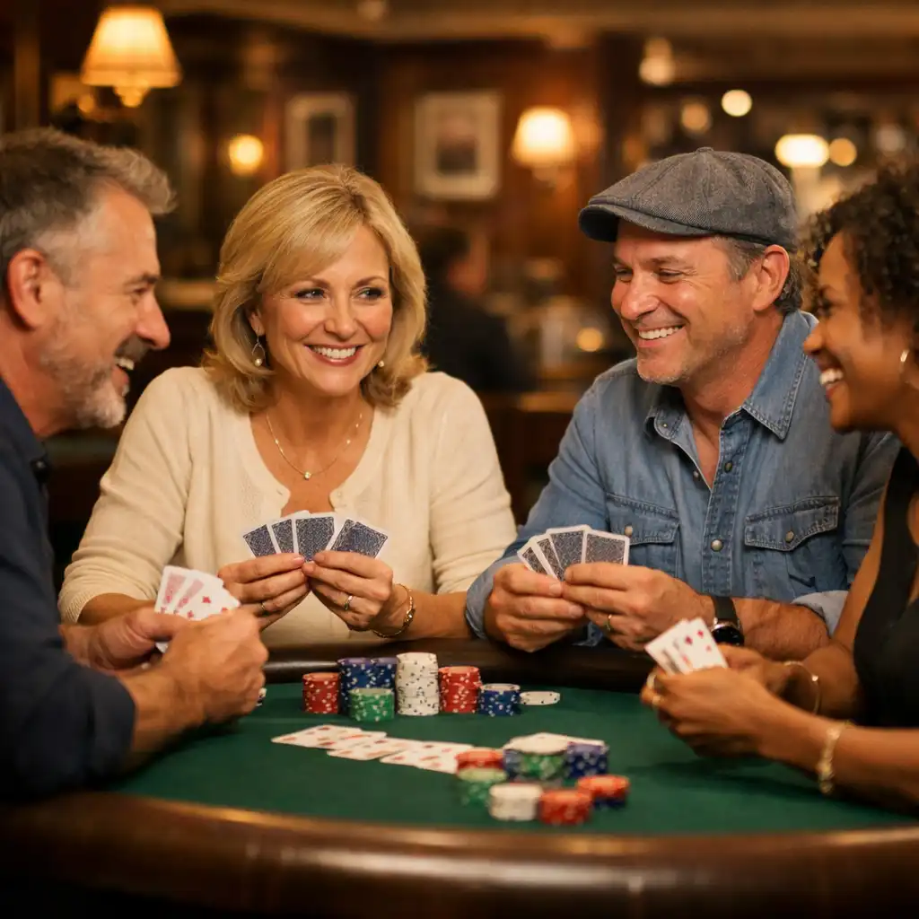 Four adults enjoying a friendly game of offline poker around a table in the card lounge