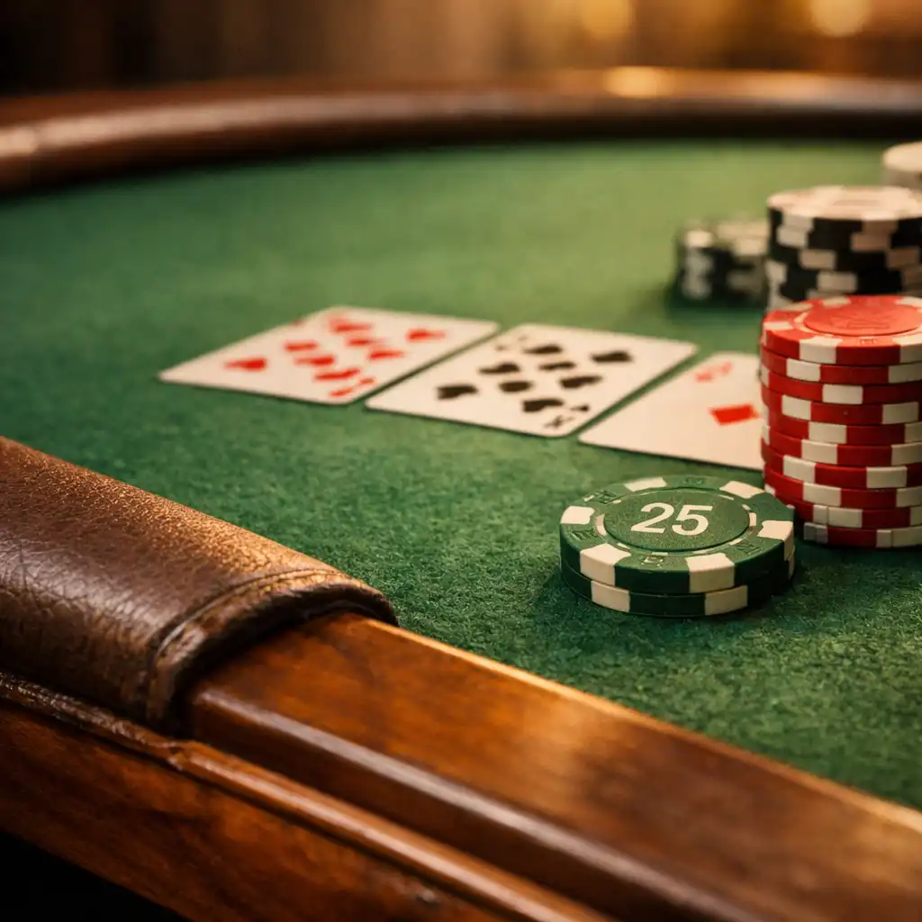 Close-up of a physical poker table showing the felt surface, padded rail, cards, and chips