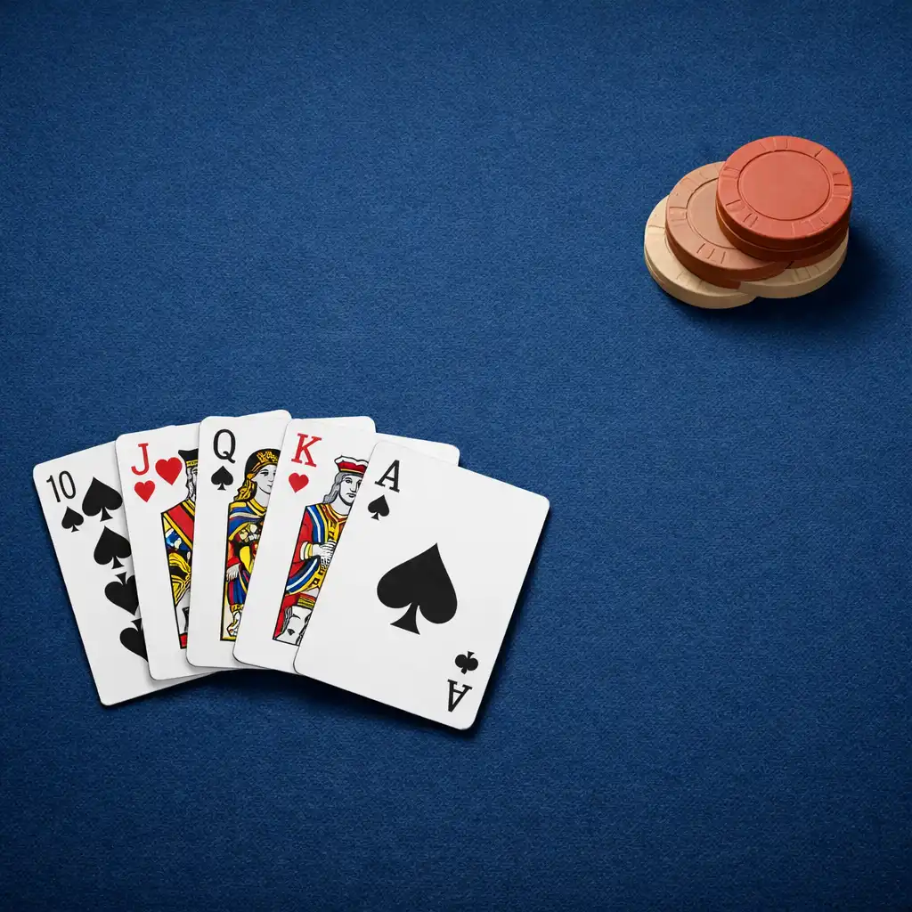 Overhead view of playing cards and clay chips arranged on a blue felt poker table