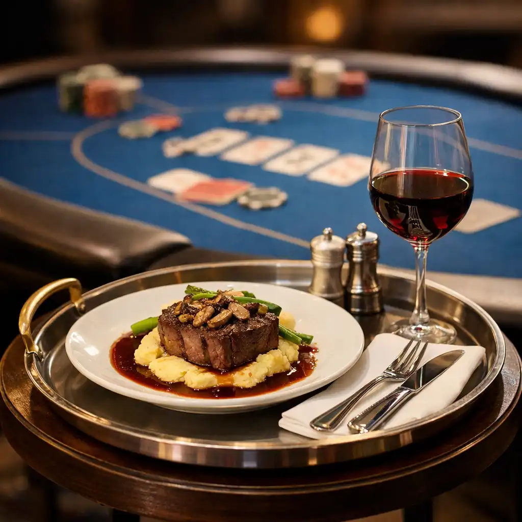 Brasserie service tray with a gourmet dish and glass of wine placed beside a poker table