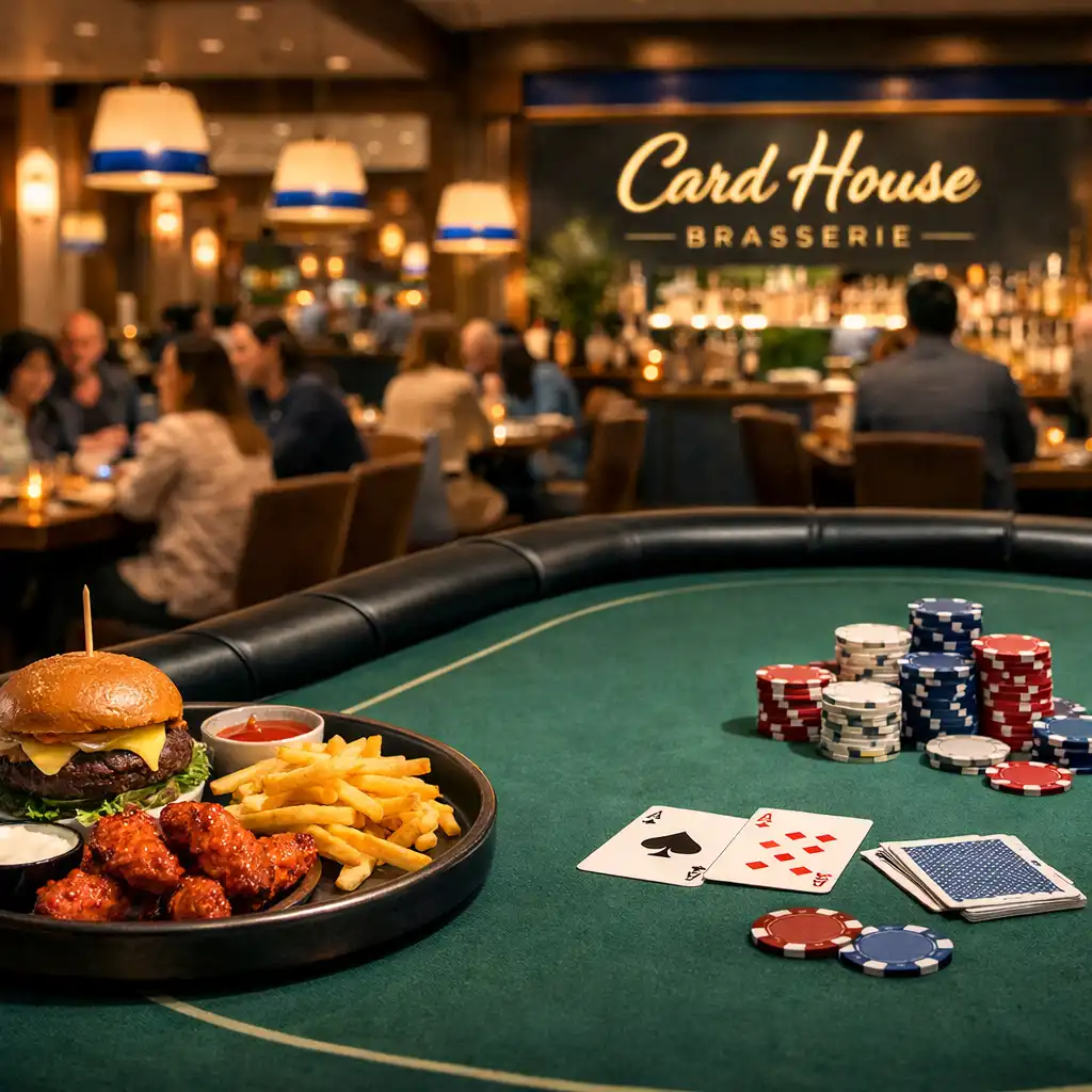 A poker table with a tray of food in the foreground and the restaurant area behind