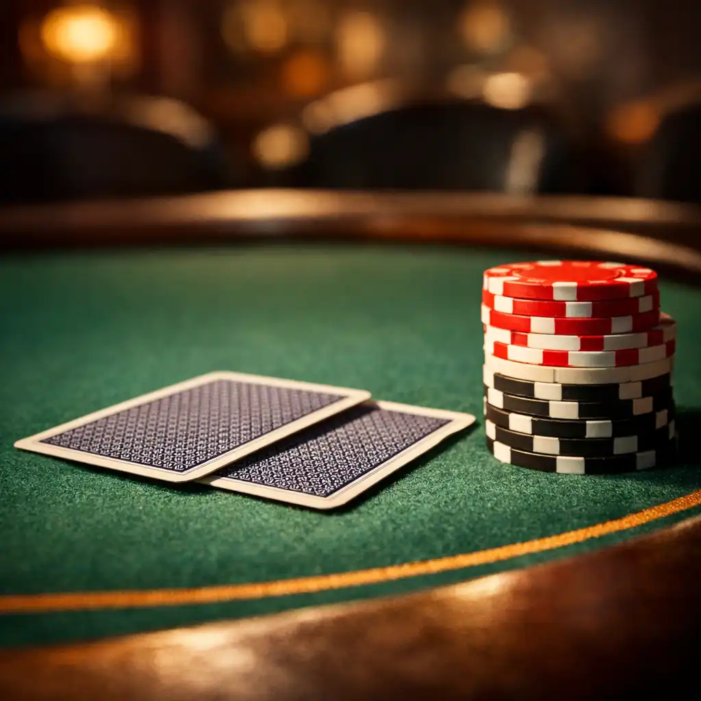 Close-up of a poker table in the Card House Brasserie poker room showing the felt surface, face-down playing cards, and stacked poker chips