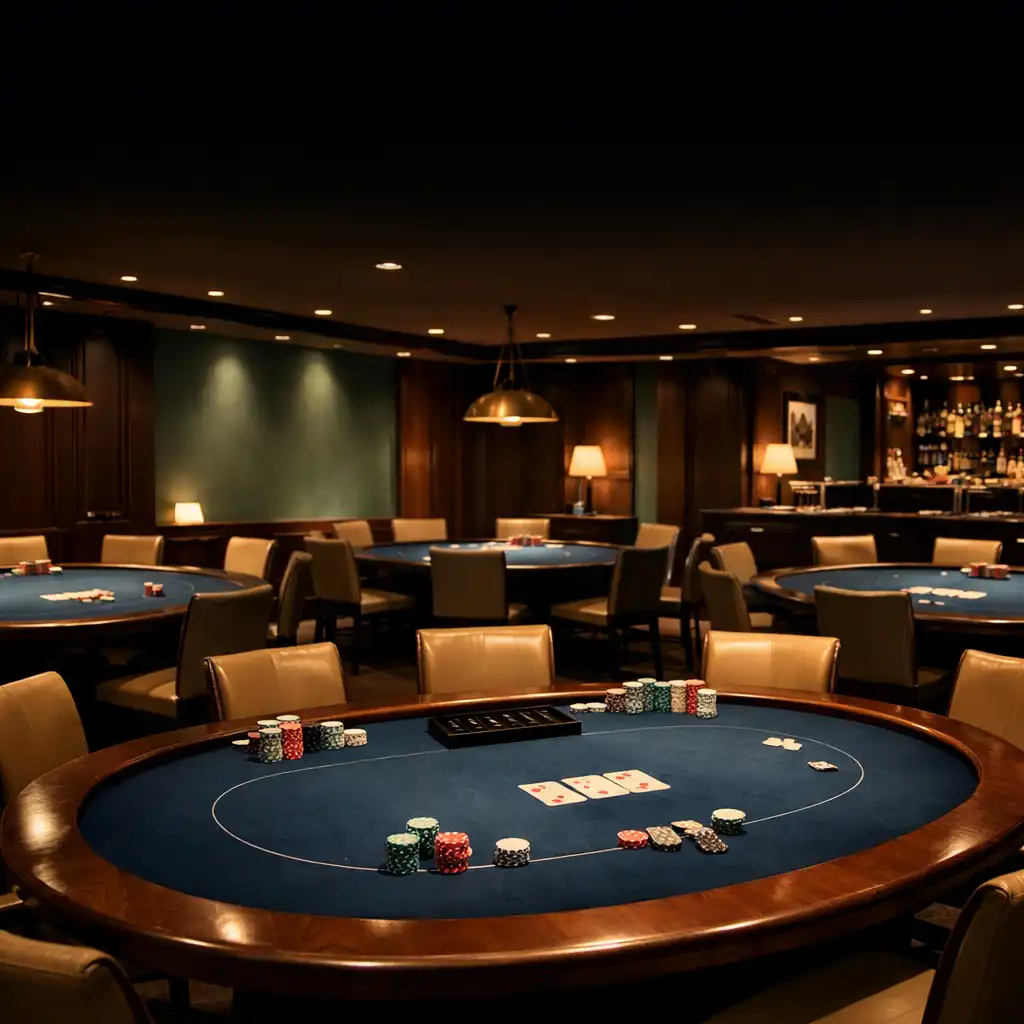 Wide view of the poker room with several blue felt tables under warm overhead lighting
