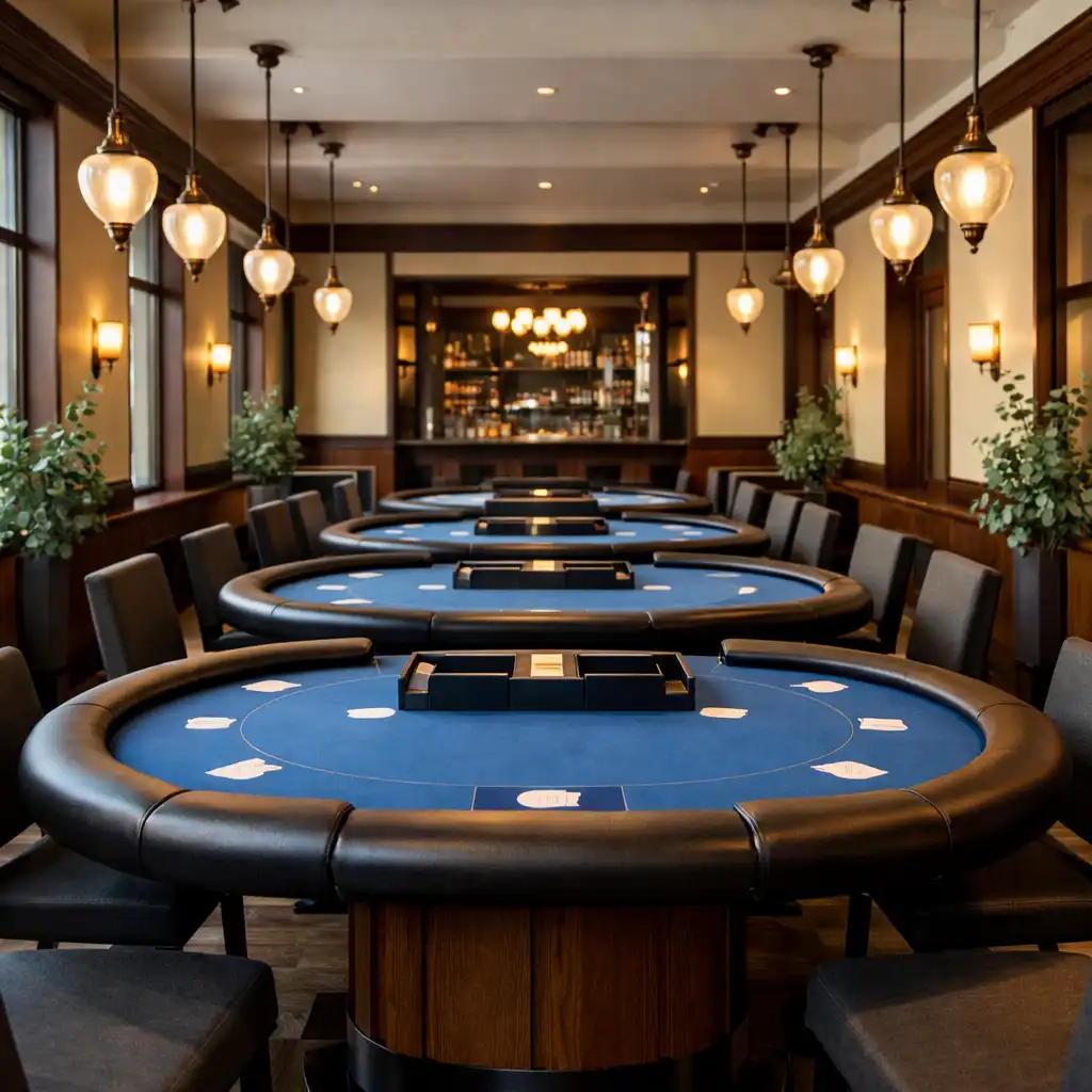 Interior of a dedicated poker room with a long oval table, green felt, comfortable armchairs, and warm pendant lighting against deep blue walls