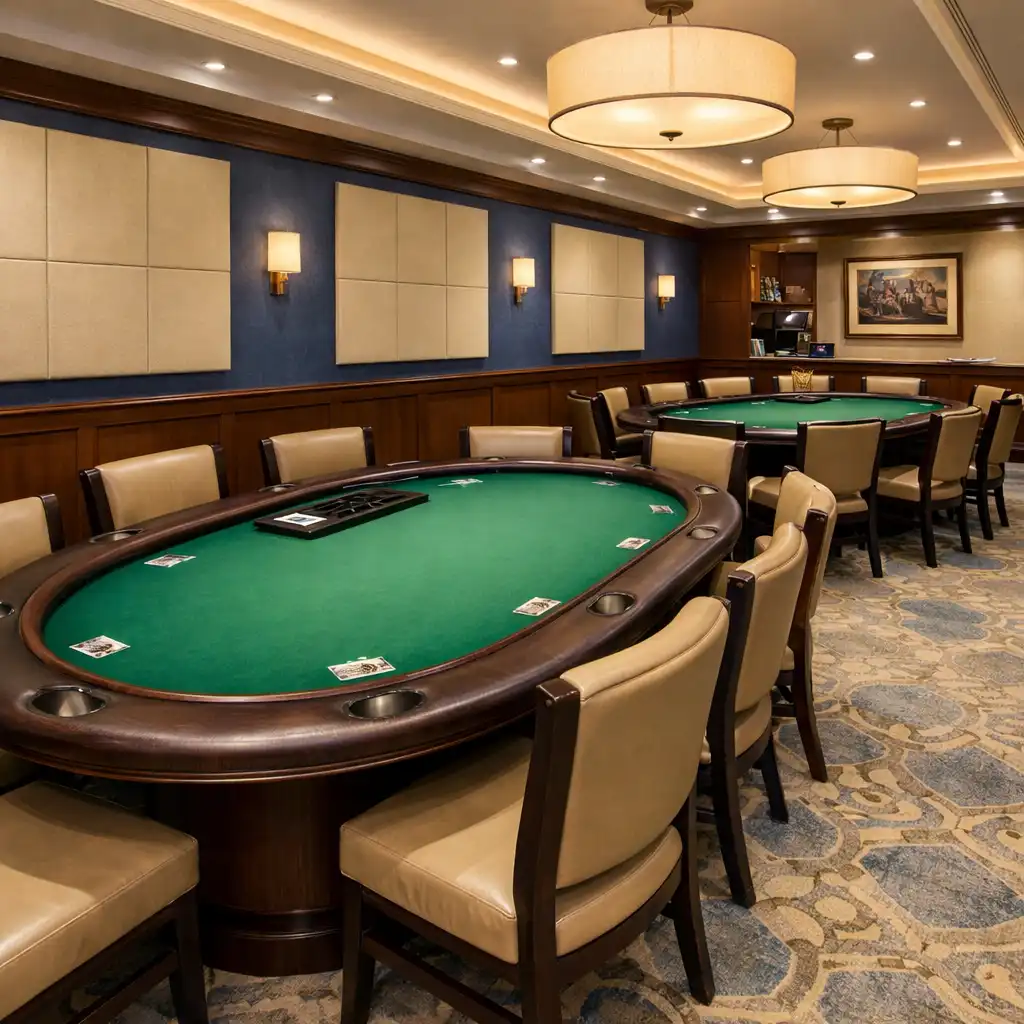 Interior view of the dedicated Poker Room with three poker tables arranged in a row, warm lighting, and acoustic panels