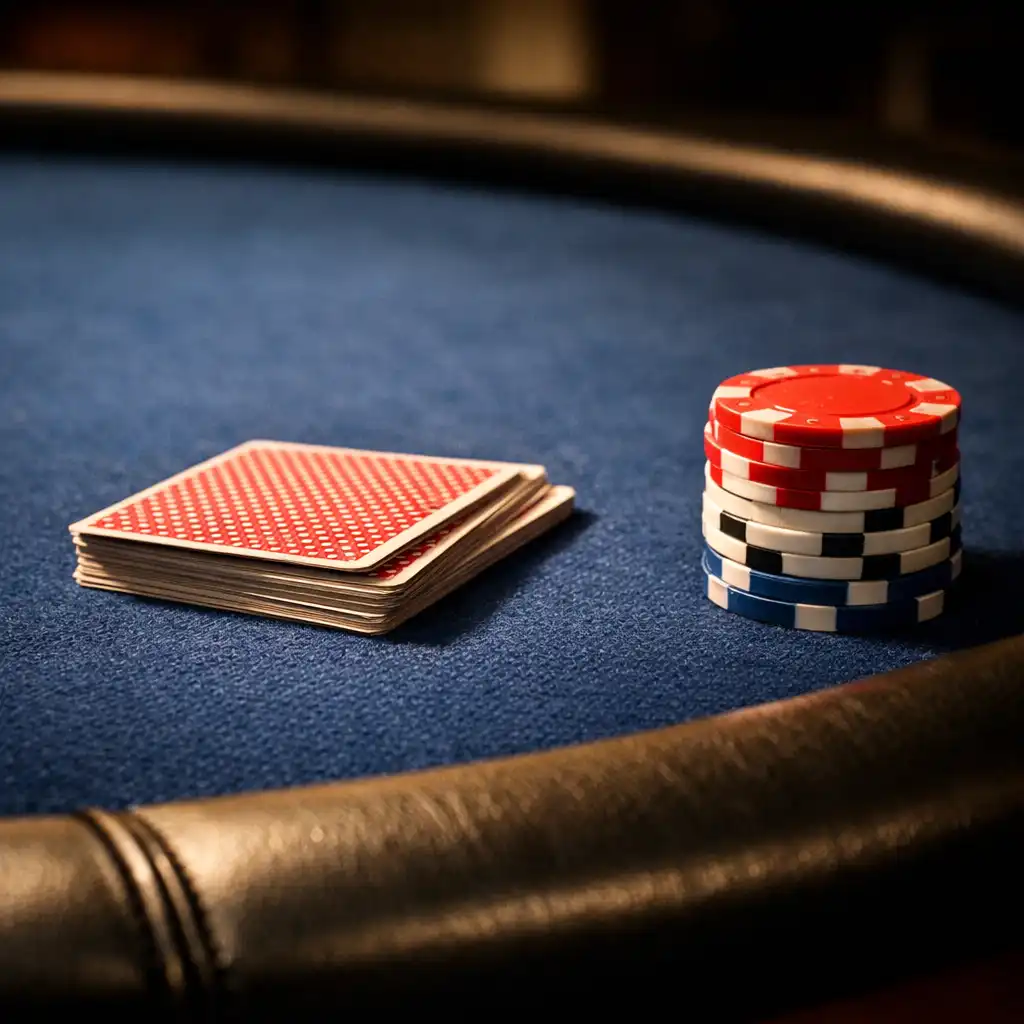 Close-up of a poker table showing deep blue felt, padded rail, and playing cards
