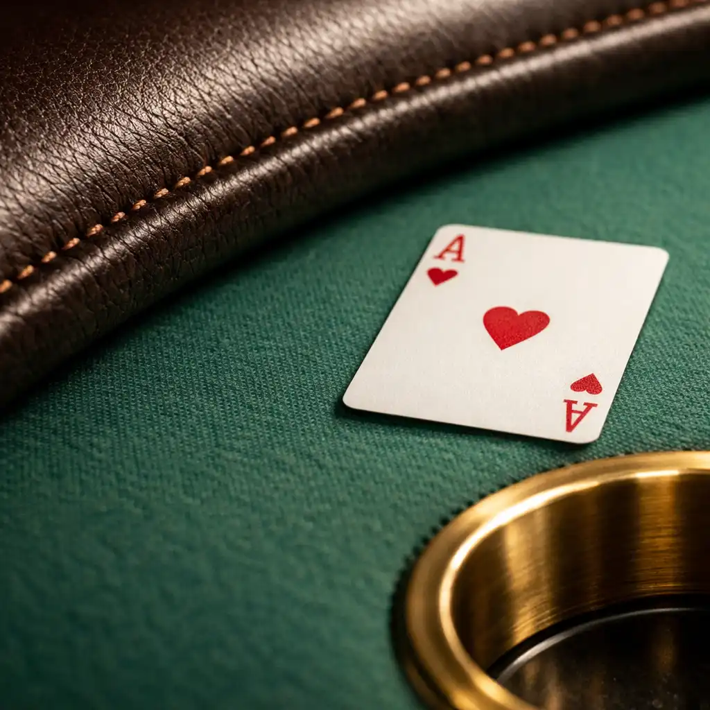 Close-up of a poker table edge showing the transition from padded rail to eucalyptus green felt, with a playing card and brass cup holder