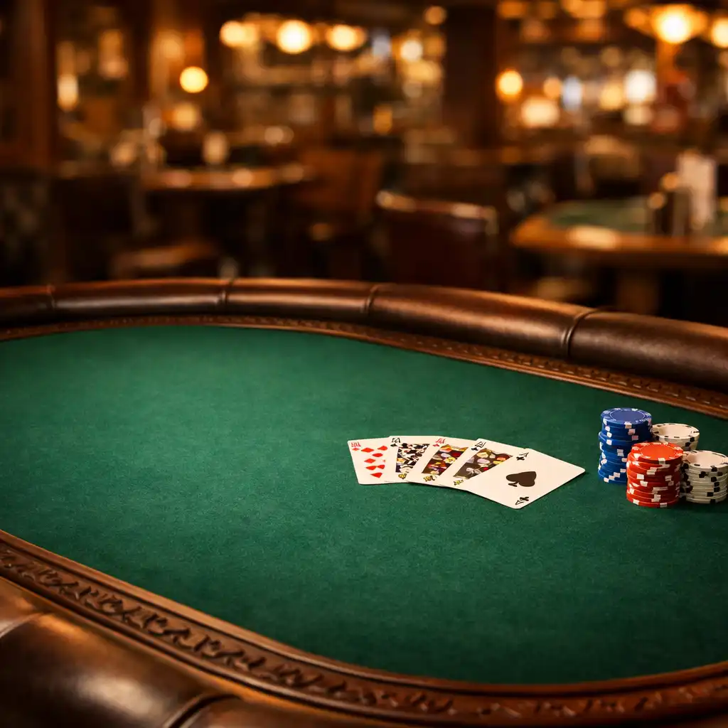 Premium poker table with green felt, padded rails, playing cards, and chips in a warmly lit brasserie