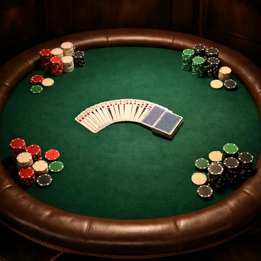 Overhead view of a physical poker table with a green felt surface, a spread deck of cards, and stacks of chips under warm focused lighting