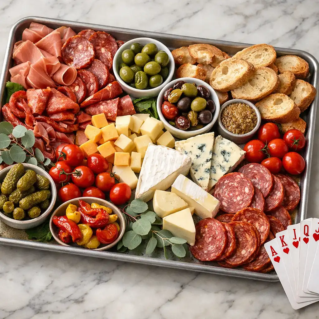 A charcuterie board with cured meats, cheeses, olives, and bread