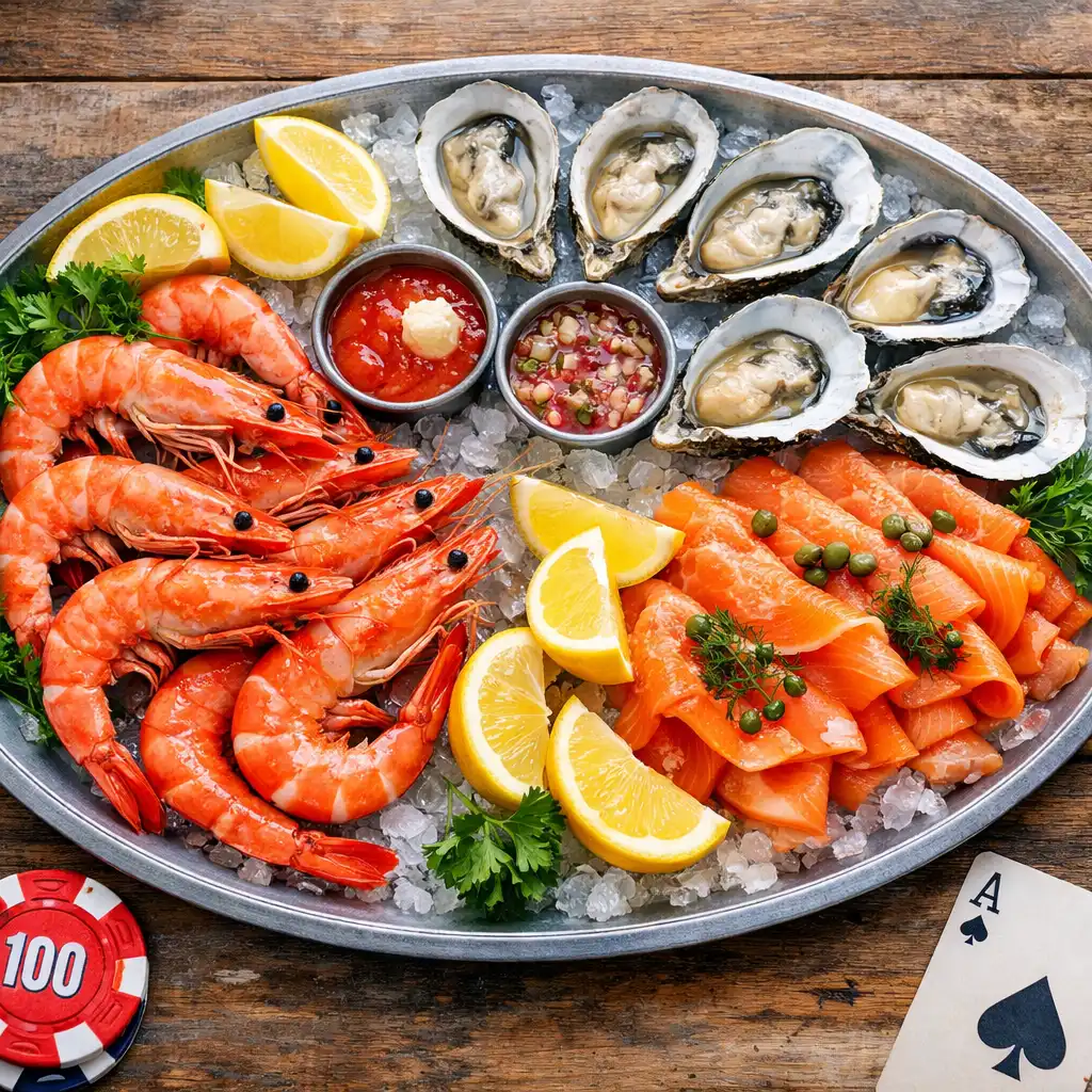 A seafood platter with prawns, oysters, smoked salmon, and lemon