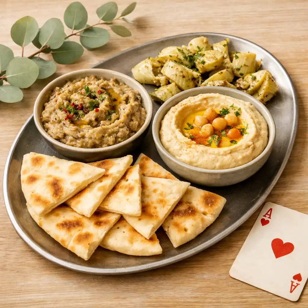 A vegetable mezze with dips, artichokes, and warm pita bread