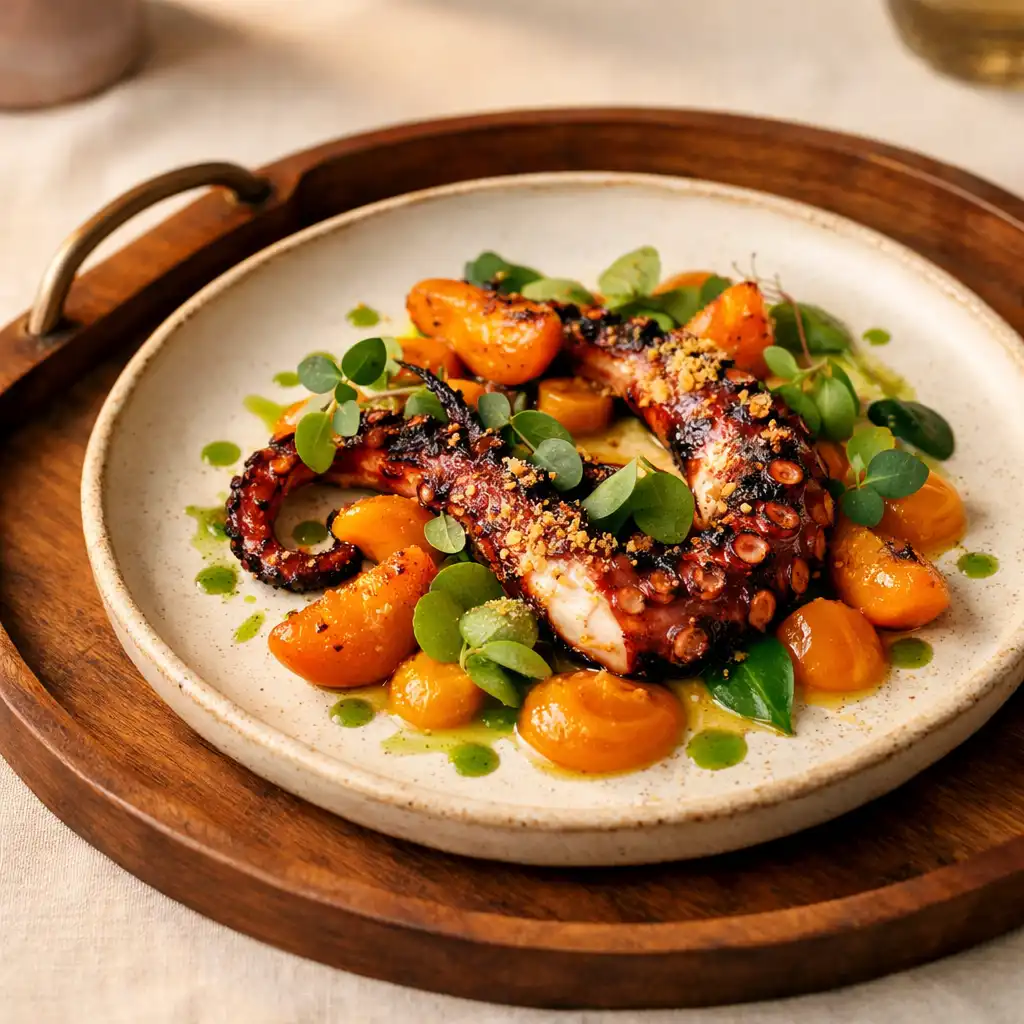 A close-up of charred octopus with eucalyptus oil served on a timber tray with a subtle handle