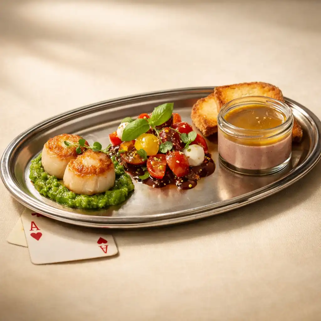 A small tray holding seared scallops, heirloom tomato salad, and duck liver parfait